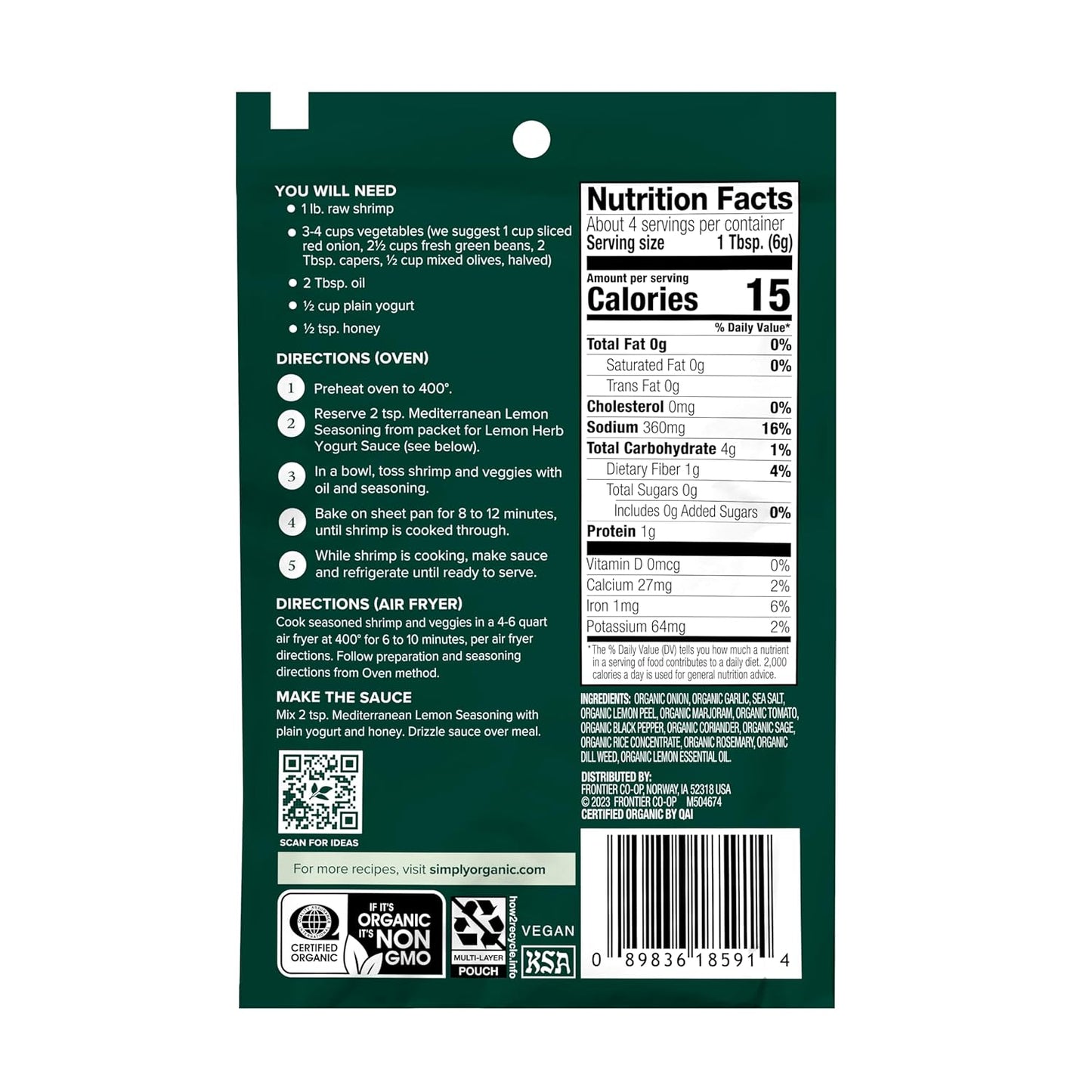Simply Organic Sheet Pan Seasoning, Mediterranean Lemon, 0.85 Ounce