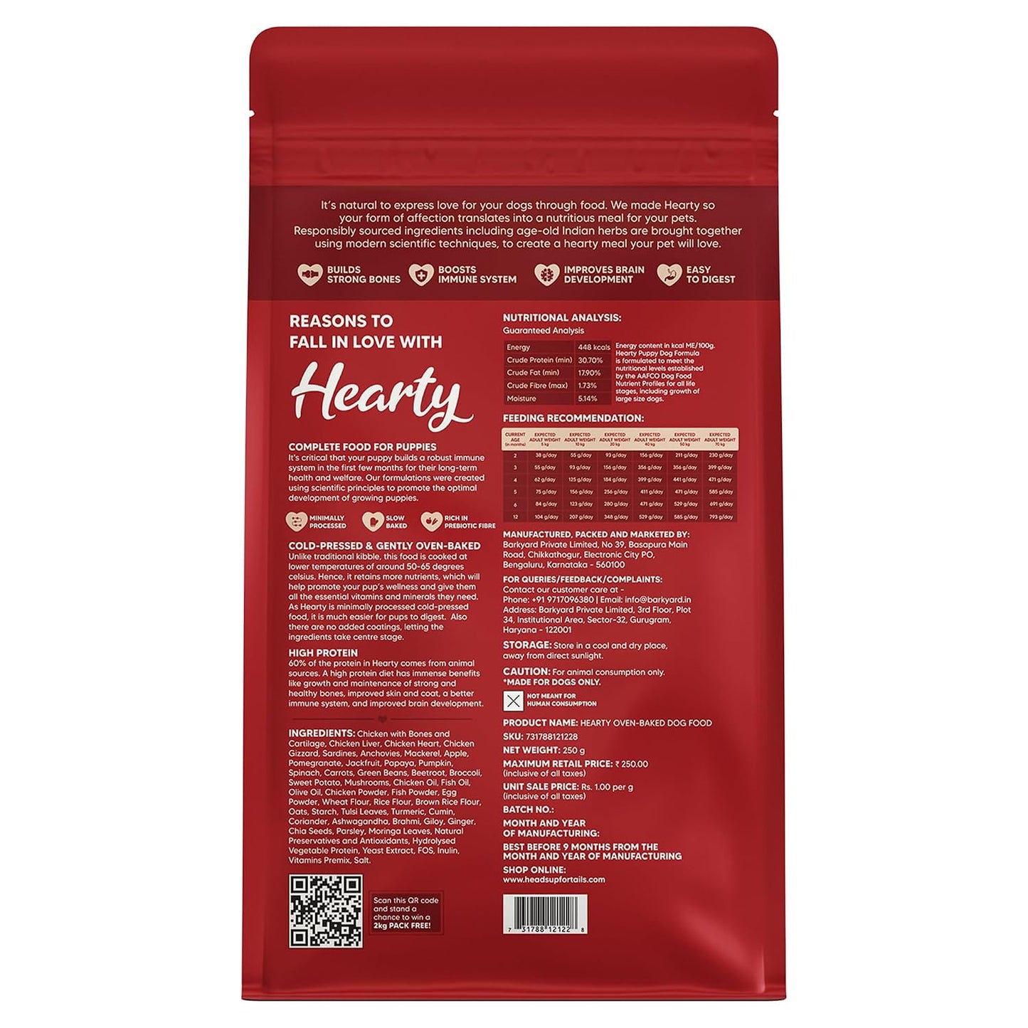 Hearty by HUFT Puppy Dry Food | Oven-Baked Chicken & Fish, All Breeds - 250 gm | Complete & Balanced Food for Puppy | No Corn, Soy, GMO or Added Flavours | Farm-Fresh Ingredients