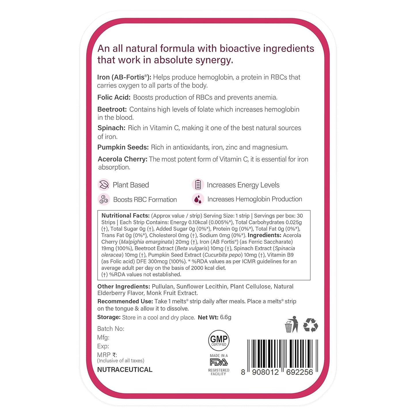 Wellbeing Nutrition Melts Vital Iron | Plant Based Iron and folic acid supplement, Beetroot, Vitamin C and Folate for Improved Hemoglobin, Oxygen binding capacity & Blood Building (30 Oral Strips)