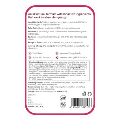 Wellbeing Nutrition Melts Vital Iron | Plant Based Iron and folic acid supplement, Beetroot, Vitamin C and Folate for Improved Hemoglobin, Oxygen binding capacity & Blood Building (30 Oral Strips)