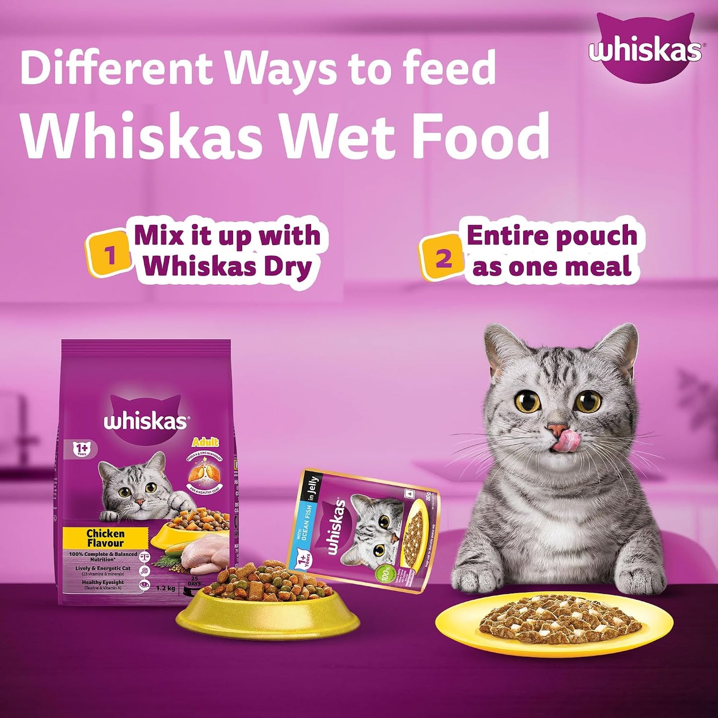Whiskas Adult (1+ year) Wet Cat Food, Ocean Fish Flavor, 80 g Hydrating Food Made With Real Fish, 100% Complete & Balanced Nutrition for Adult Cats