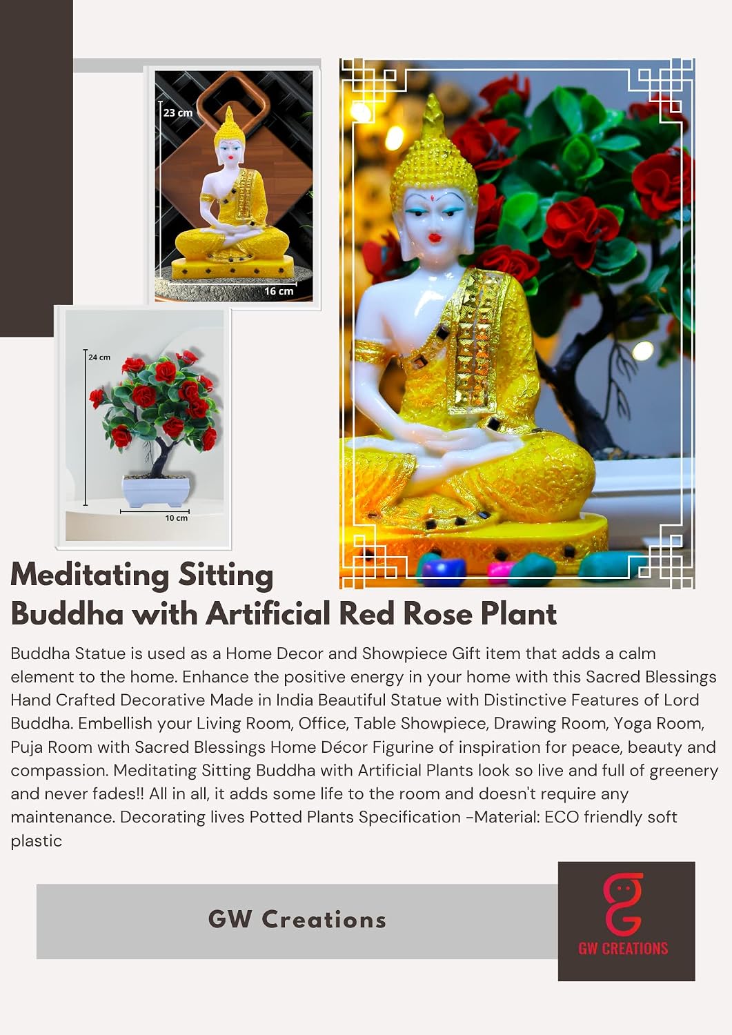 Gautam Buddha Statue for Spiritual Home Gautam Buddha Statue for Spiritual Home Handicrafts Sitting Buddha Idol Statue Showpiece with Artificial Plant (Golden Buddha & Japanese Red Rose)