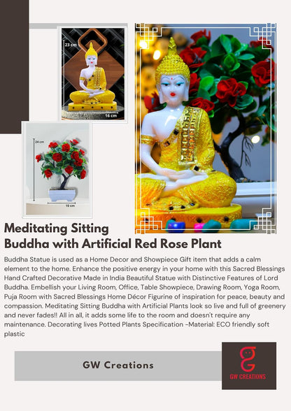 Gautam Buddha Statue for Spiritual Home Gautam Buddha Statue for Spiritual Home Handicrafts Sitting Buddha Idol Statue Showpiece with Artificial Plant (Golden Buddha & Japanese Red Rose)