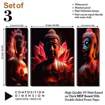 Radiant Red Lotus Buddha Wall Art – 3-Panel UV-Printed Spiritual Triptych | Ready-to-Hang Zen Meditation Home Décor (20 Inch x 12 Inch) JM-35303