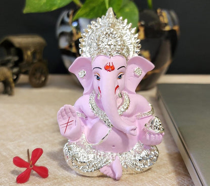 Gold Art India Gold and Silver Plated Ganesh Idol for Car Dashboard Ganesha Murti Ganpati Idol for Home Decor Puja Lord Ganesh Statue Gift for Office Desk Puja Room Figurine (Silver Pink)