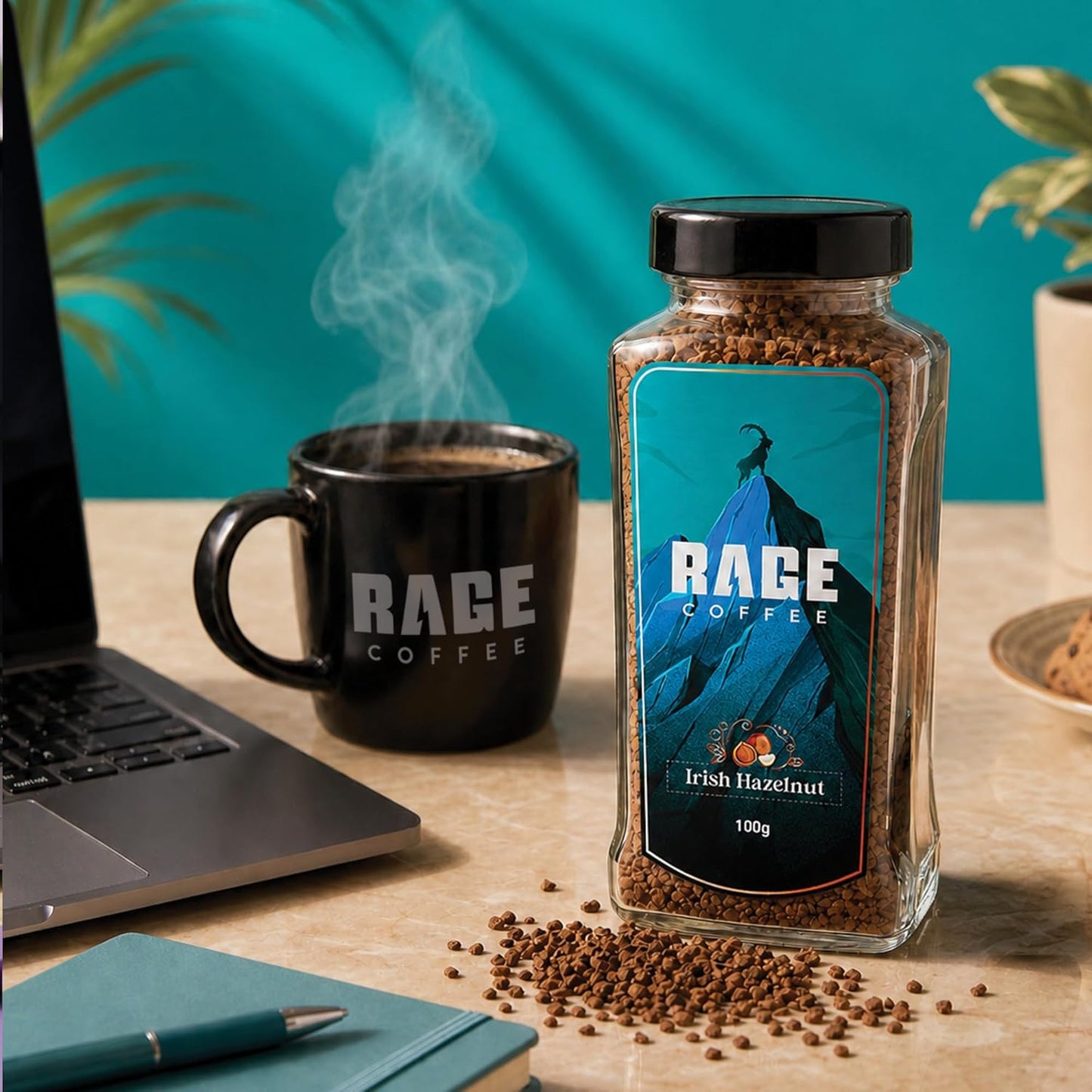 RAGE COFFEE Irish Hazelnut - Flavored Instant Coffee Powder for both Hot & Cold Coffee, 100% Single Origin Arabica Coffee Beans Powder (IRISH HAZELNUT, 100g)