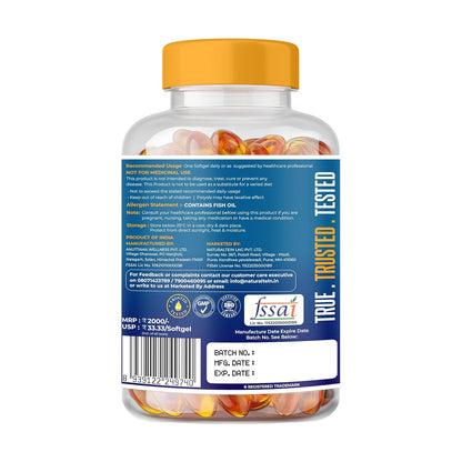 NATURALTEIN Ultimate Omega-3 plus Fish Oil 1250mg Triple Strength Softgel Capsules with vitamin D3 and E | 450mg EPA & 300mg DHA in Triglyceride Form for Better Absorption | Heart, Brain, Eye | 60 Softgel Capsules | 60-Day Supply