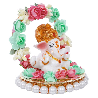 Lord Ganesha Idol on Decorative Handcrafted Plate with Throne of Pink and Green Flowers