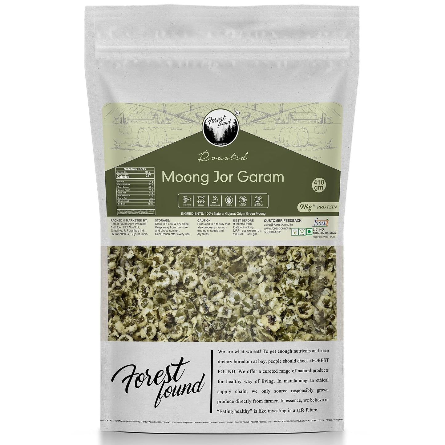 Forest Found Roasted Moong Jor Garam (Vacuum Roasted) | Roasted Green Mung Healthy Snack (410g) | Oil-Free Protein & Fiber | 100% Natural Gujarat Moong Snack