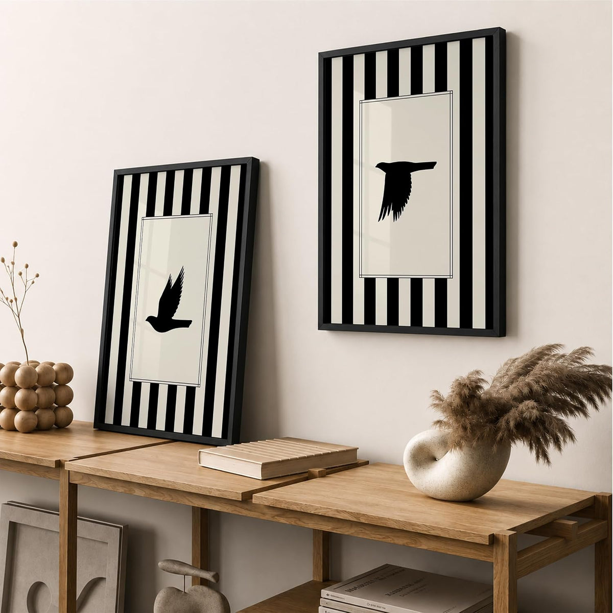 Flying Birds Wall Art Set of 2 Framed Paintings | Black White Striped Minimal Bird Silhouette Poster | Living Room Bedroom Home Décor (Art 13, 10x13 Inches, Black)