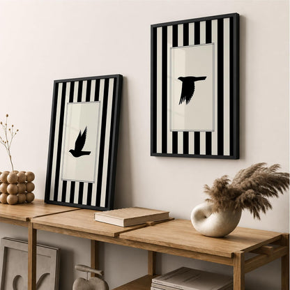 Flying Birds Wall Art Set of 2 Framed Paintings | Black White Striped Minimal Bird Silhouette Poster | Living Room Bedroom Home Décor (Art 13, 10x13 Inches, Black)