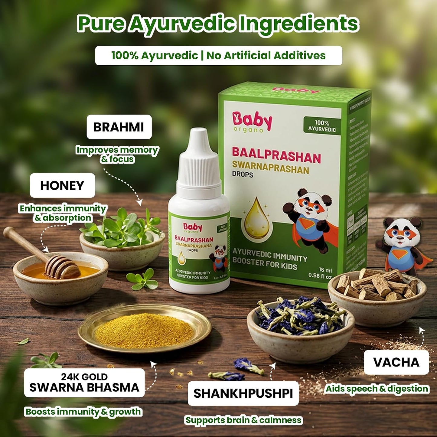 BabyOrgano Swarnaprashan Drops for Kids | 24 Carat Gold Immunity Booster | Suvarnaprashan Gold Drops with Swarna Bhasma & Honey | Brain, Memory & Growth | 100% Ayurvedic, 0-15 Yrs, 15ml (Pack of 1)