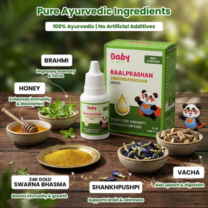 BabyOrgano Swarnaprashan Drops for Kids | 24 Carat Gold Immunity Booster | Suvarnaprashan Gold Drops with Swarna Bhasma & Honey | Brain, Memory & Growth | 100% Ayurvedic, 0-15 Yrs, 15ml (Pack of 1)