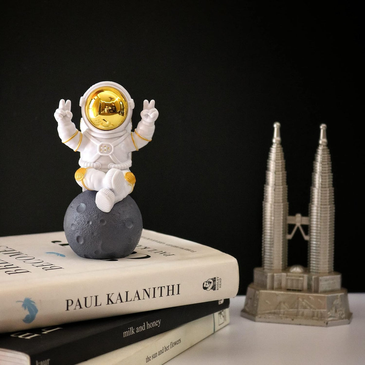 Astronaut Figurine Showpiece for Home Décor, Office Desk, Car Dashboard & Table Decoration | Space Astronaut Statue Collectible Gift for Home, Room & Workspace (Sitting on Moon Golden Large)