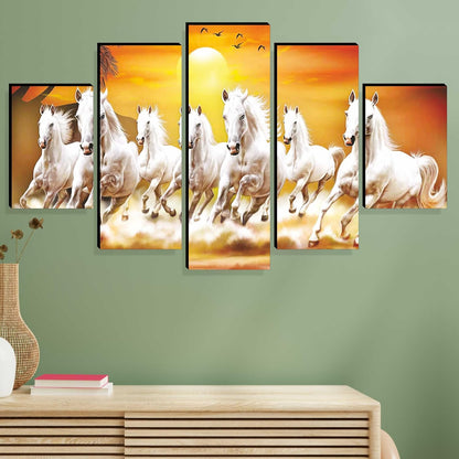 7 Running horses Paintings for Living Room | Painting for Wall Decoration | 3D Wall Art for Bedroom | Seven Running Horse Wall Painting Set of 5 (76.2 x 45.72 cms) PNLS173