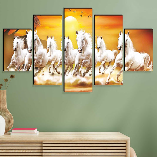 7 Running horses Paintings for Living Room | Painting for Wall Decoration | 3D Wall Art for Bedroom | Seven Running Horse Wall Painting Set of 5 (76.2 x 45.72 cms) PNLS173