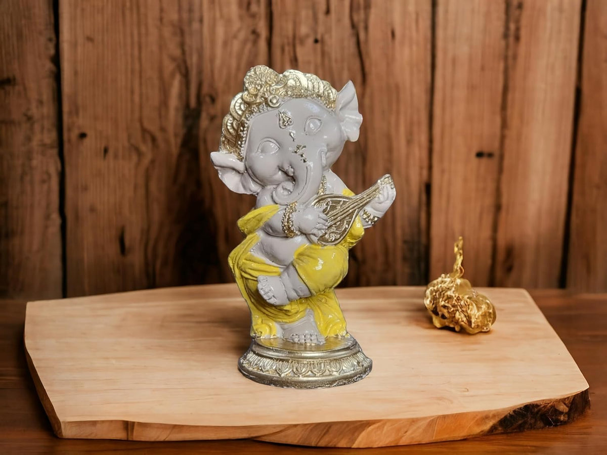 5 Inch Resin Ganesha Idol for Home Decor | Beautiful Ganesh Murti for House Temple, Mandir, Gift Items | Ganpati Playing Guitar Figurine Showpiece Sculpture for Office Desk