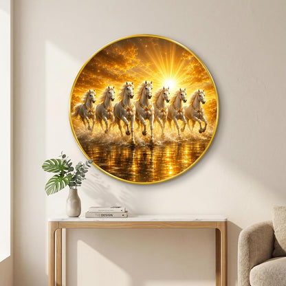7 Horse Vastu Round Wall Painting with Premium PVC Golden Frame, Golden White Running Horses Sunrise Water Art for Living Room Office Home Decor Gift (20 x 20 Inch) GRL-448