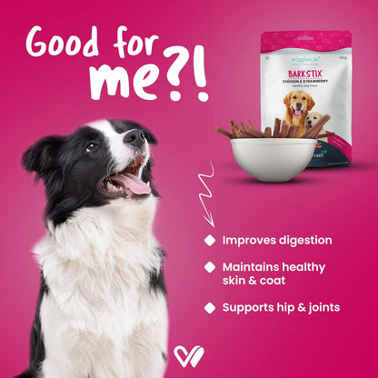 Wiggles Barkstix Dog Treats (Chicken & Strawberry, 100G) | Fresh Chicken Soft Chew Sticks for Training Adult Puppies | Provides Hip and Joint Support with Rosehip Extract and Turmeric | For All Breeds