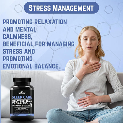Nutrasium Melatonin 10 mg Sleeping Pill with Tagar 250 mg | Sleep Supplement for Men & Women | Melatonin Tablet for Restful & Deep Natural Sleeps | Sleep Care Tablets 120 (120 Tablets, Sleep Care)