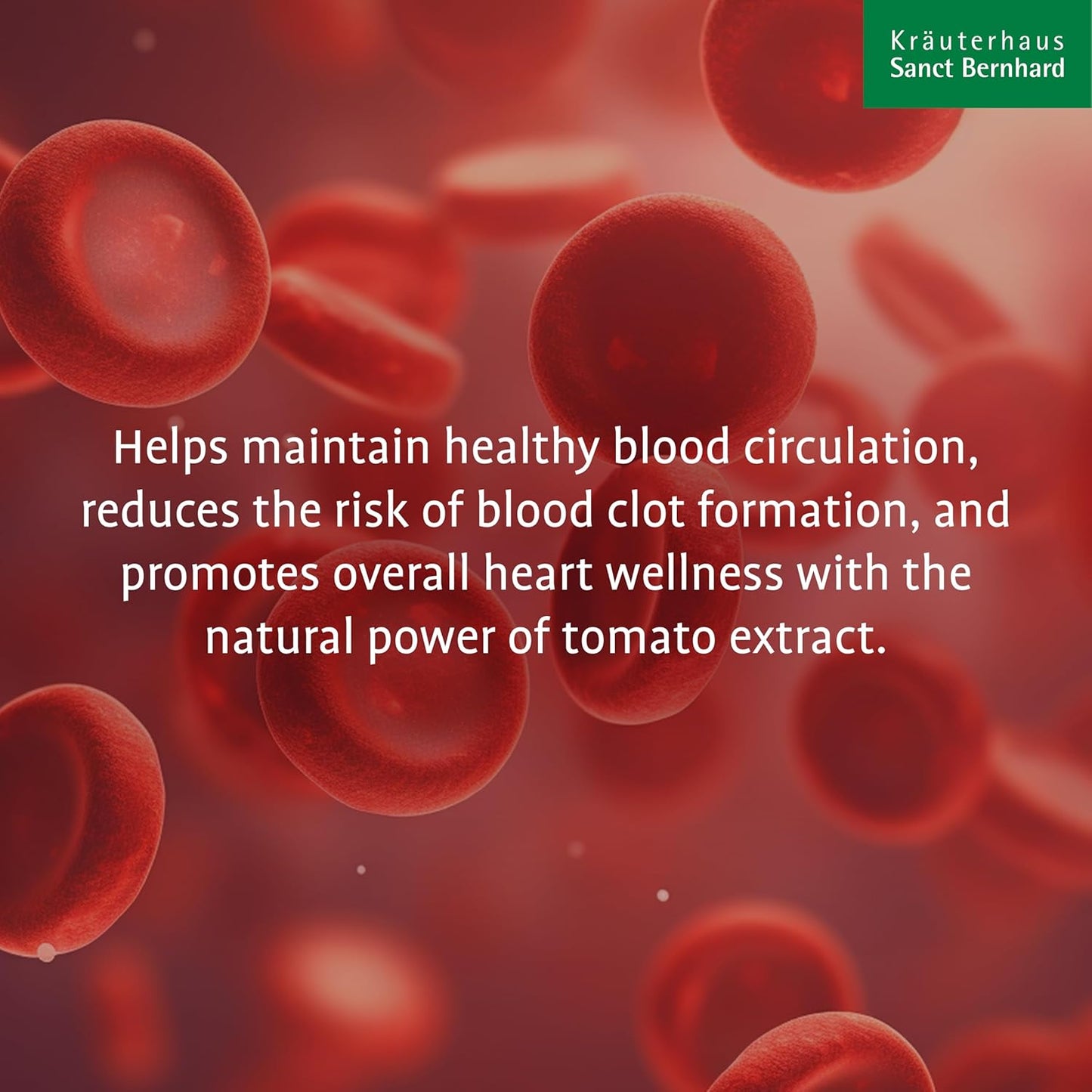 Red blood cells with text about tomato extract's benefits on a red background