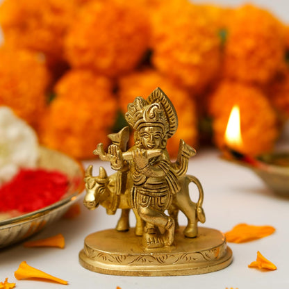 2.5 Inch Pure Brass Krishna Statue with Cow | Handcrafted Lord Krishna Idol Murti for Home Temple, Puja Room, Office Table, Spiritual Décor & Auspicious Gift