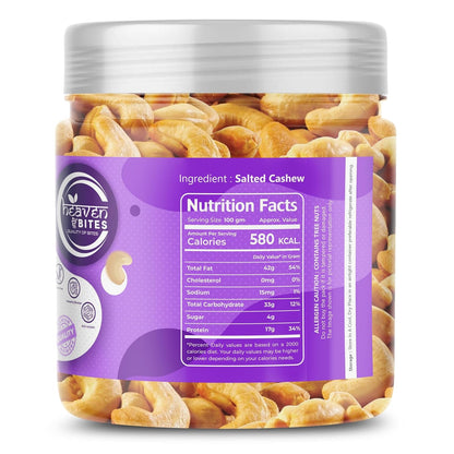 Heaven Bites Premium Roasted and Salted Cashews | Whole Kaju Dry Fruits Rich in Protein Fibre | Healthy Snacks | 100% Natural Cashew Nuts | Festive Snacking | Magnesium and Phosphorus | Crunchy & Delicious