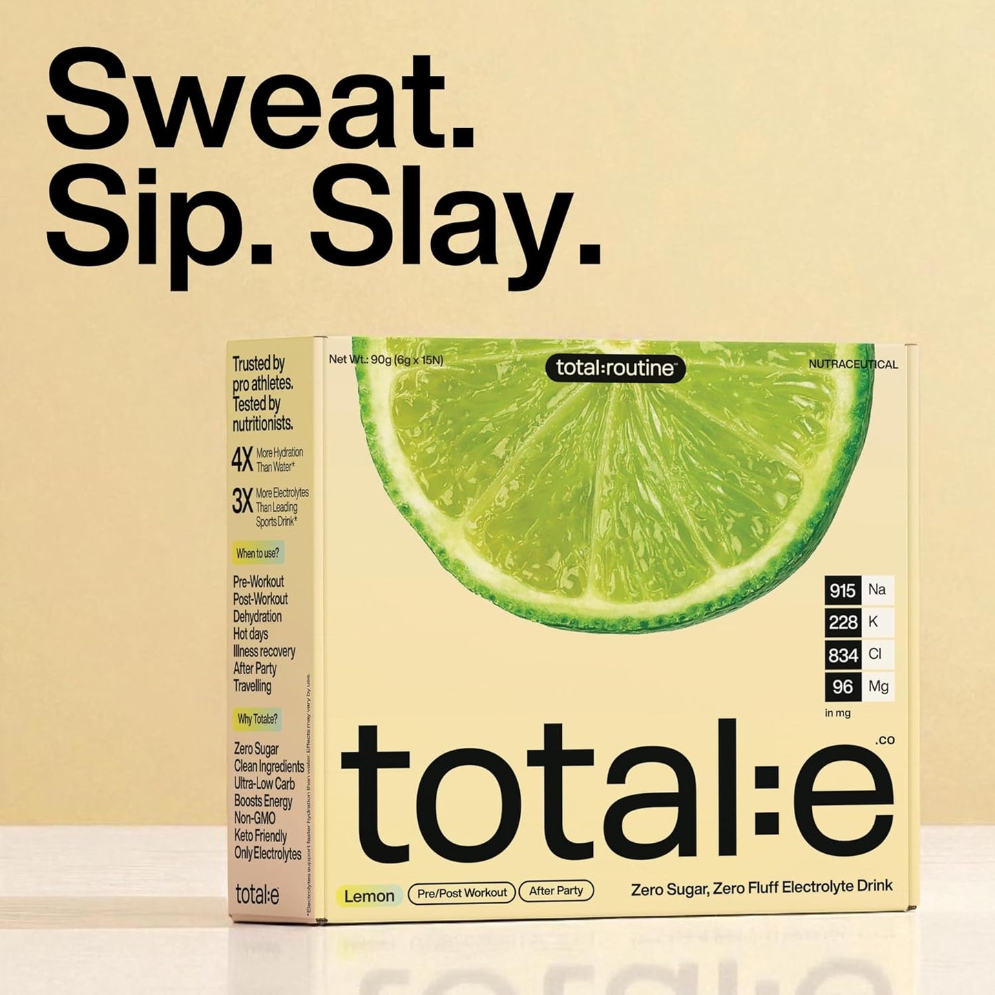 total:e electrolyte drink box with lemon slice design on a beige background