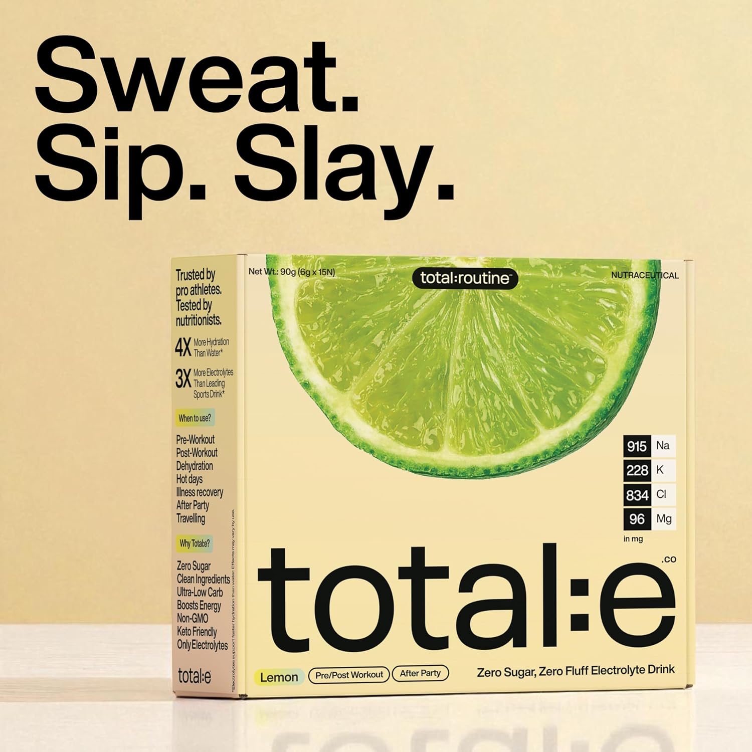 total:e electrolyte drink box with lemon slice design on a beige background