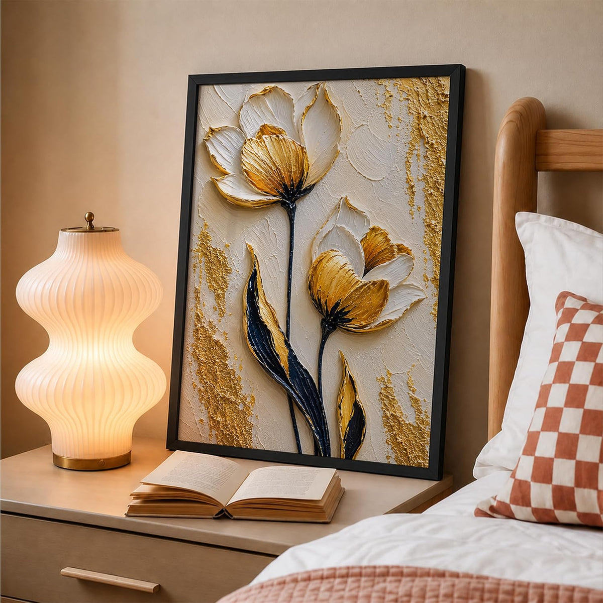 White Gold Flowers Framed Wall Art, Black, 10x13 Inches