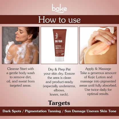 BAKE De-Tan Coffee Body Lotion (200ml) 48 Hour Moisturization with Kojic Acid, Lactic Acid, Niacinamide & SPF 50 for Pigmentation & Tan Removal | For Dark Spots & Sun Protection | Tanned & Pigmented Skin | For Women & Men