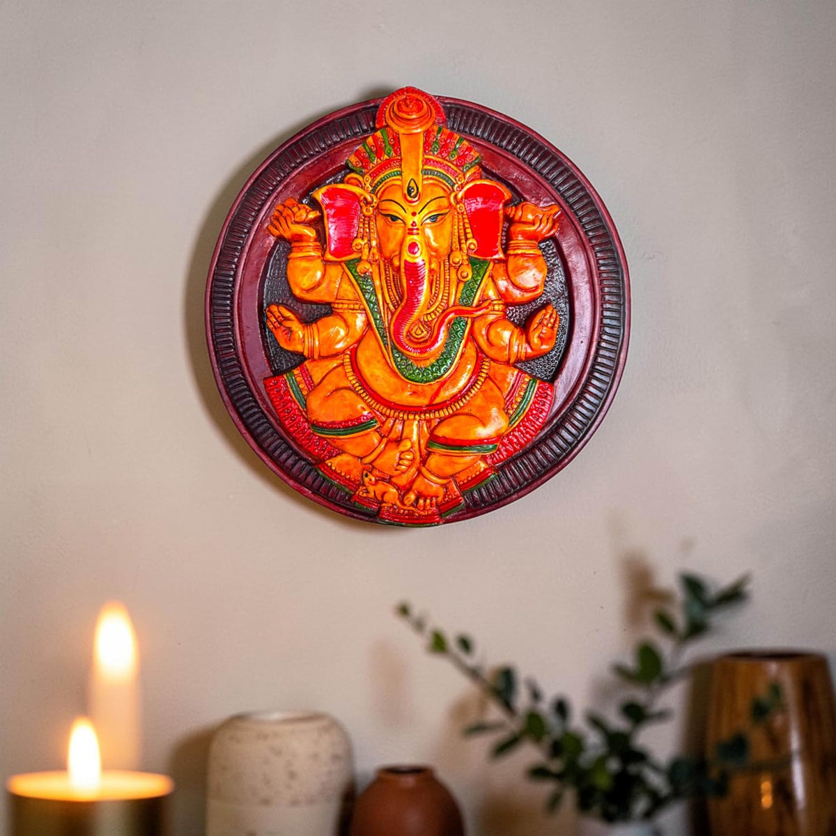 Ganesh Ji Wall Hanging Terracotta Murti Idol | Ganpati Bappa Ganesha Hand-Painted Spiritual Wall Hanging for Door Entrance, Temple, Mandir, Home & Office Decor | Spiritual Gift (19x19 CM)