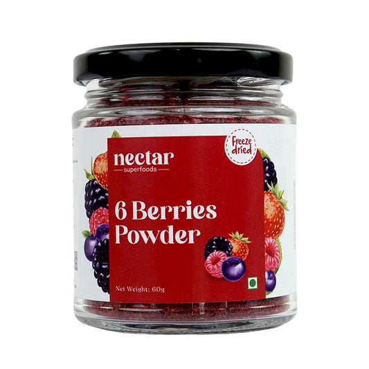 Nectar Superfoods Freeze Dried 6 Berry Powder | 60 grams Jar | 6 Serve | Blueberry, Mulberry, Raspberry, Strawberry, Cherry & Blackberry | No Added Sugar