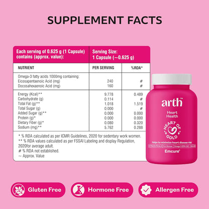 Arth Heart Health | Promotes good heart health, Supports Cardiovascular health, Manages Cholestrol levels | Omega 3's anti-inflammatory properties help to maintain heart health, immunity, skin and bone health (30 Capsules)