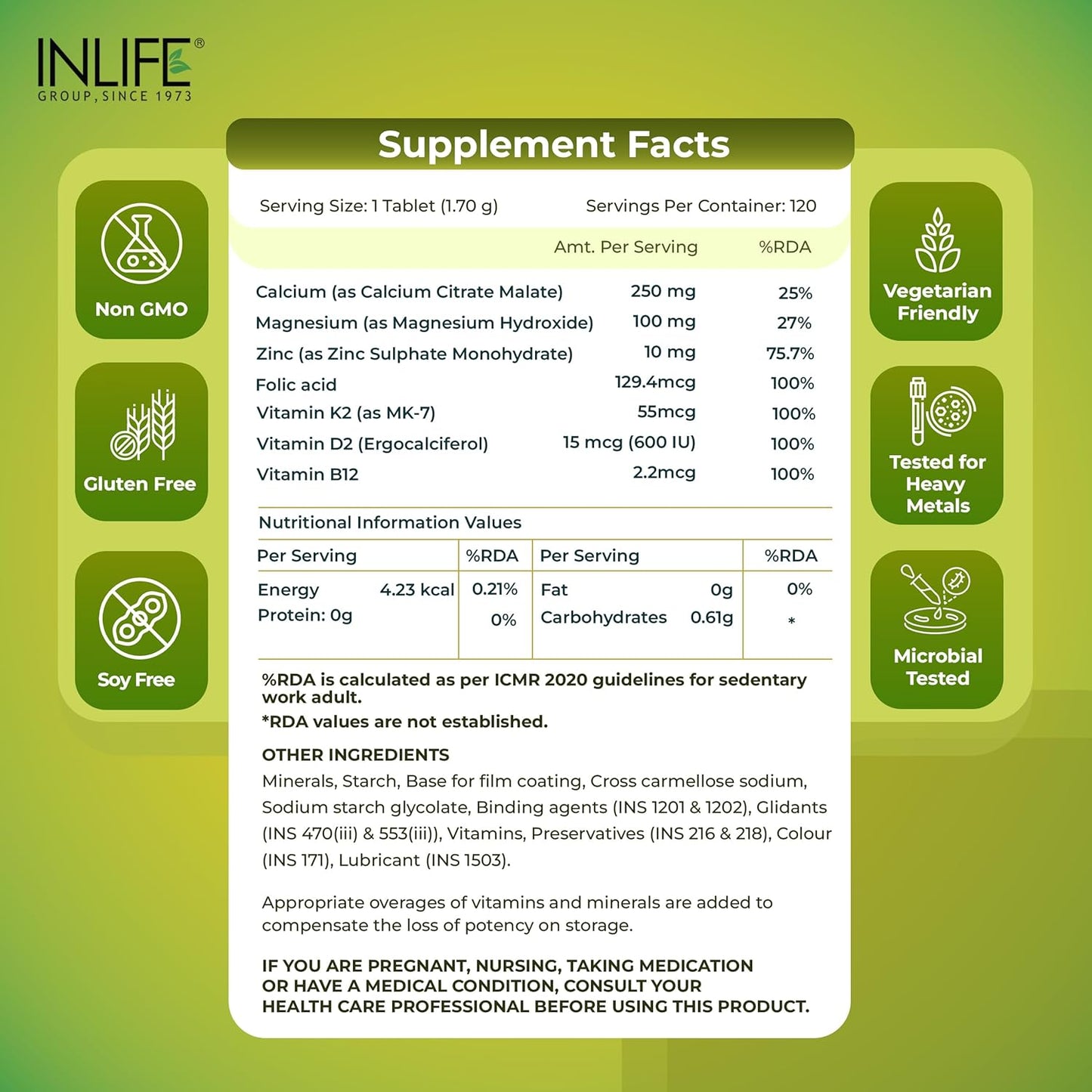 INLIFE Calcium Magnesium Zinc Vitamin D B12 | With K2 & Folic Acid Supplement | Bone & Joint Support Supplement for Women and Men - 120 Tablets (Pack of 1, 120)