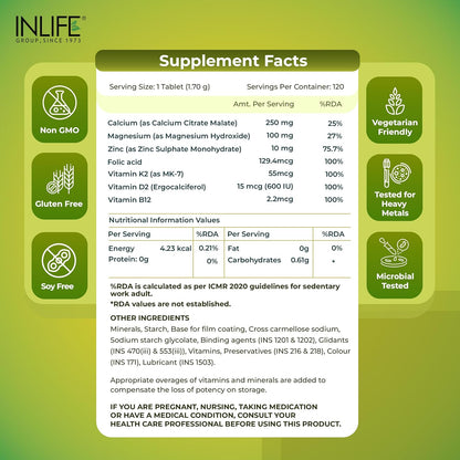 INLIFE Calcium Magnesium Zinc Vitamin D B12 | With K2 & Folic Acid Supplement | Bone & Joint Support Supplement for Women and Men - 120 Tablets (Pack of 1, 120)