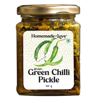 Homemade Love Green Chilli Pickle Made with Farm sourced, Sun-Dried Green Chillies | Spicy and Tangy Hari Mirch ka Achaar Mixed with Spices
