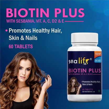 Sea Life Biotin Plus Tablets Prevent Hair Loss and Promotes Healthy Hair Growth | Glowing Skin And Longer Nails with Multivitamins & Sesbania Extract (60 Tablets Each) For Men and Women (Pack of-1)