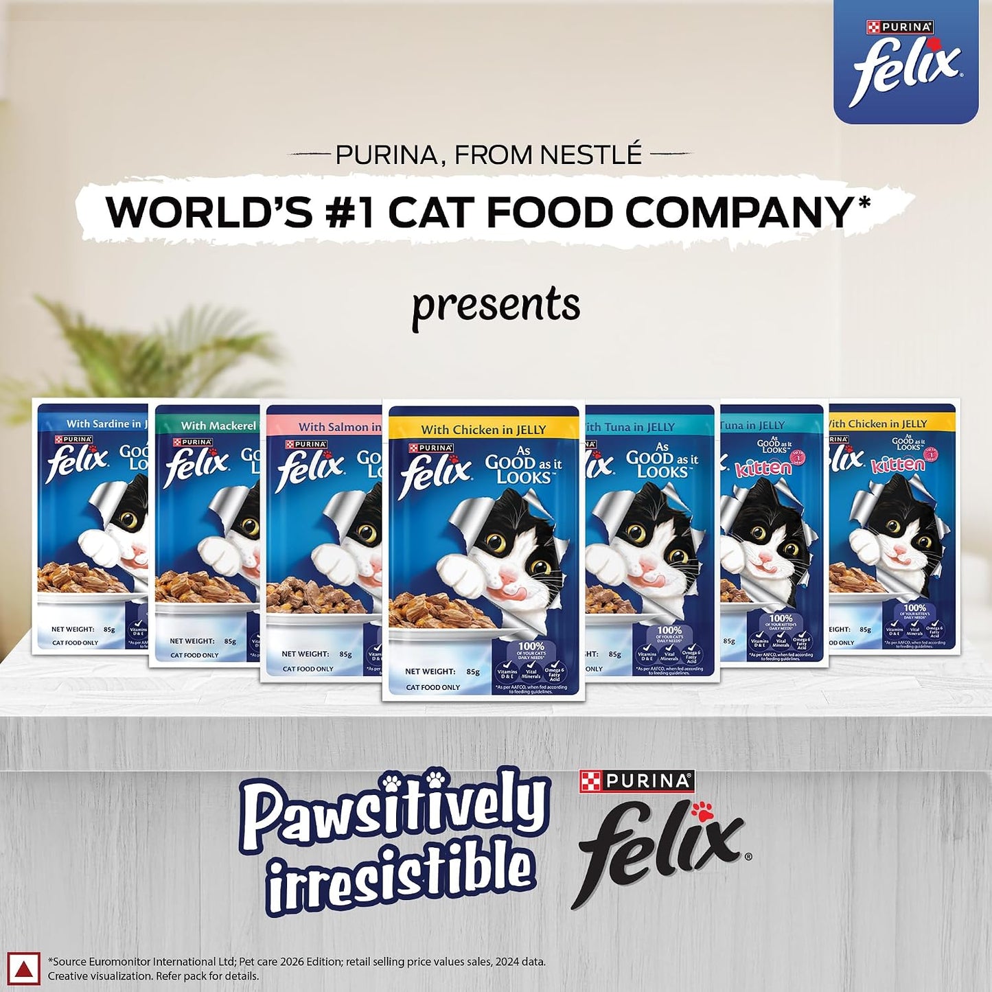 Purina Felix Chicken in Jelly, Wet Food for Adult Cats, 85g Pouch | With Chicken in Jelly, Tasty Meaty Chunks, 100% Complete & Balanced Nutrition, Vitamins D & E, Omega 6, Essential Minerals