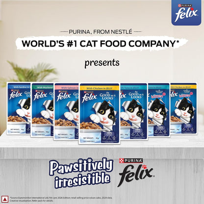Purina Felix Chicken in Jelly, Wet Food for Adult Cats, 85g Pouch | With Chicken in Jelly, Tasty Meaty Chunks, 100% Complete & Balanced Nutrition, Vitamins D & E, Omega 6, Essential Minerals