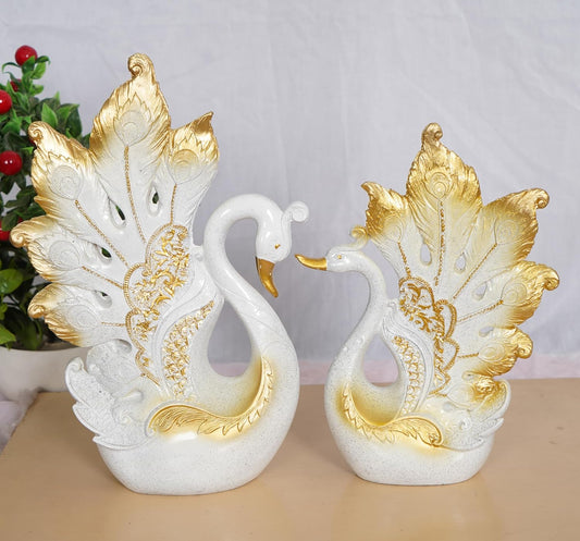 Decorative Peacock Figurine Set, White and Gold, Resin,Home & Office Decor Showpiece (2 Piece)