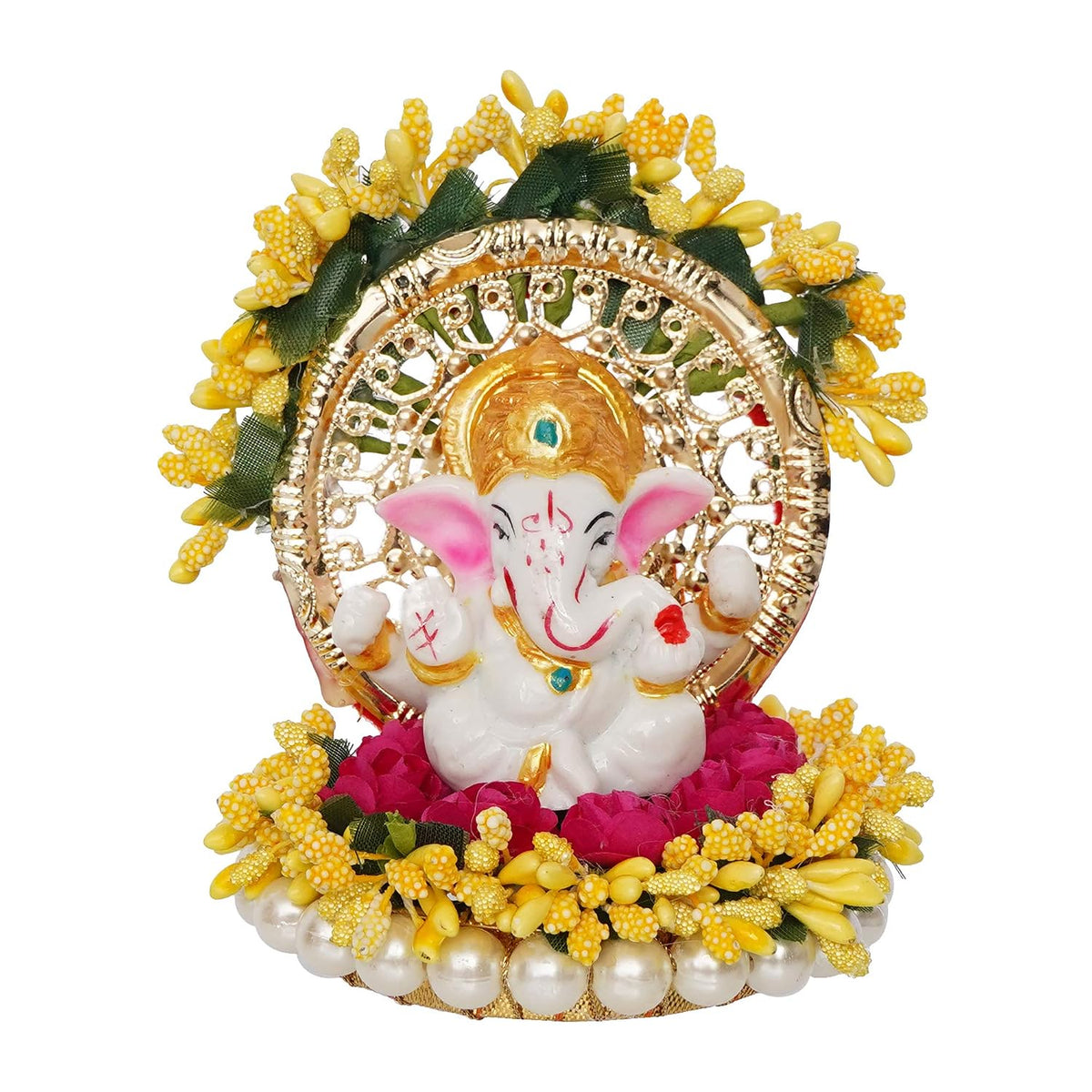 Resin Handcrafted Lord Ganesha Idol on Yellow Floral Decorative Plate| Ganesha Idol for Home Decor Car Dashboard| Ganesha Statue|Ganpati Murti Gift for Diwali Ganesh Chaturthi Housewarming