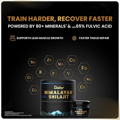 Advertisement for Dabur Himalayan Shilajit with product image and text on a dark background