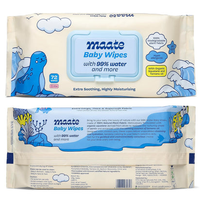 Maate Baby Wipes (Pack of 1, 72 Wipes) | Soothing & Hypoallergenic | Infused With Plant Squalane, Tamanu Oil & Aloe Vera | Moisturizing & Hydrating | Wipe for Baby's | Paraben & Sulphate Free