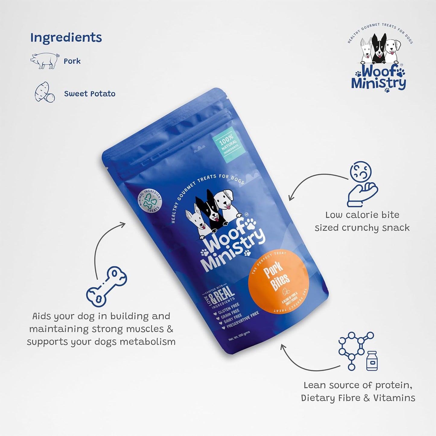 Woof Ministry Pork Bites for Dogs, Minimal Ingredient Dehydrated Dog Treats (Non Veg Treats -100 Grams)