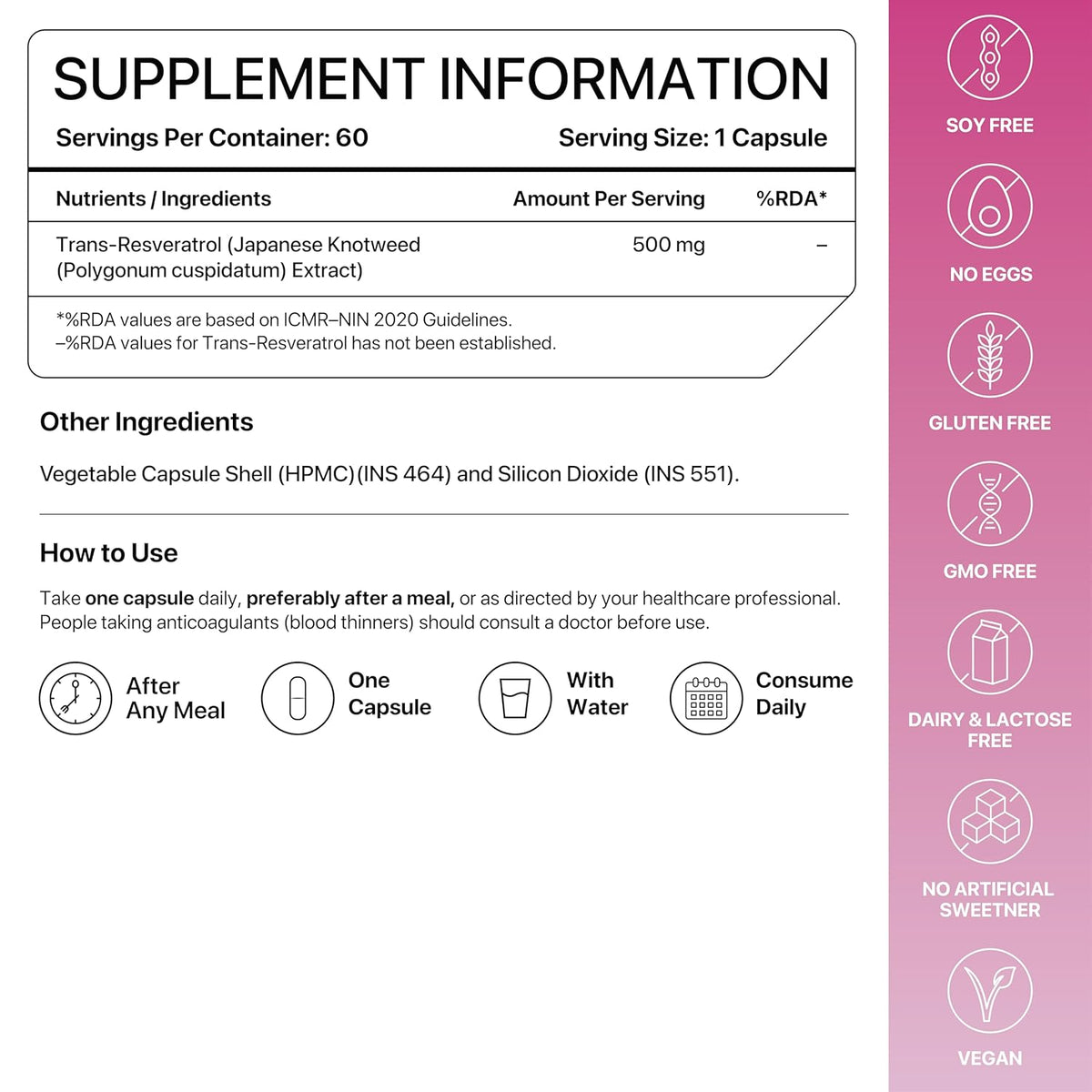 Supplement information label with ingredients, usage instructions, and dietary restrictions on a white background.