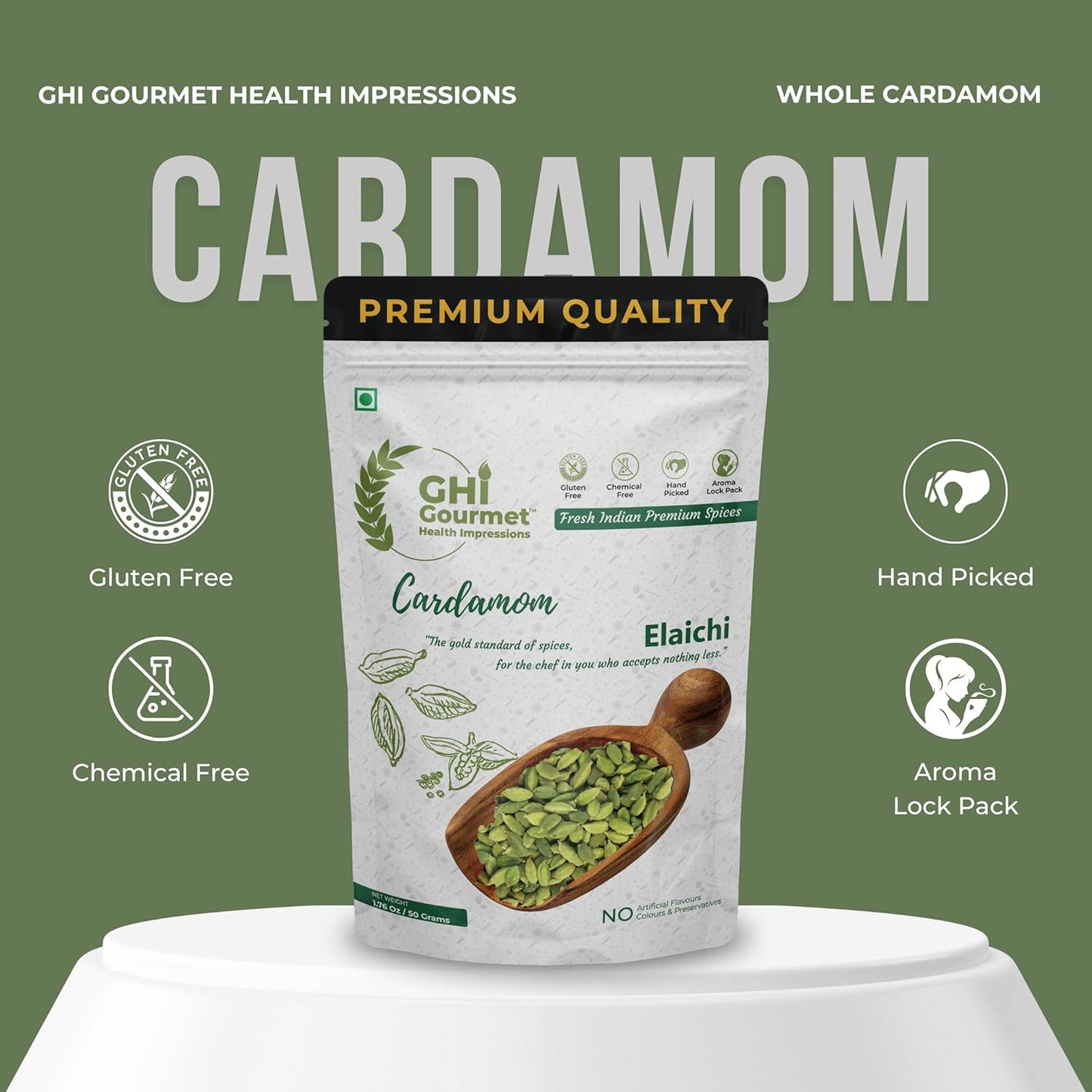 GOURMET HEALTH IMPRESSIONS | Superior Grade Whole Green Cardamom (Elaichi) - 8MM BOLD Size | Large Size | Aromatic Green Pods, Non-GMO - Perfect for Culinary & Aromatic Uses | GHI Foods