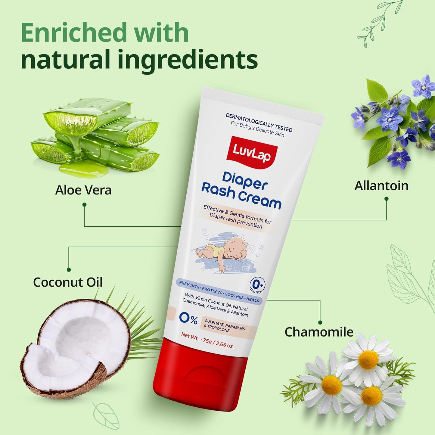 LuvLap Baby Diaper Rash Cream, 75g, Nappy Cream with Aloe Vera, Neem Extract & Provitamin B5, Soothes, Heals & Protects from Irritation, ideal for Newborn Sensitive Skin, Dermatologically Tested
