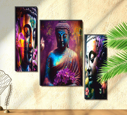 Vibrant Abstract Buddha & Floral Wall Art – 3-Panel UV-Printed Spiritual Triptych | Ready-to-Hang Zen Home Décor (20 Inch x 12 Inch) JM-35298