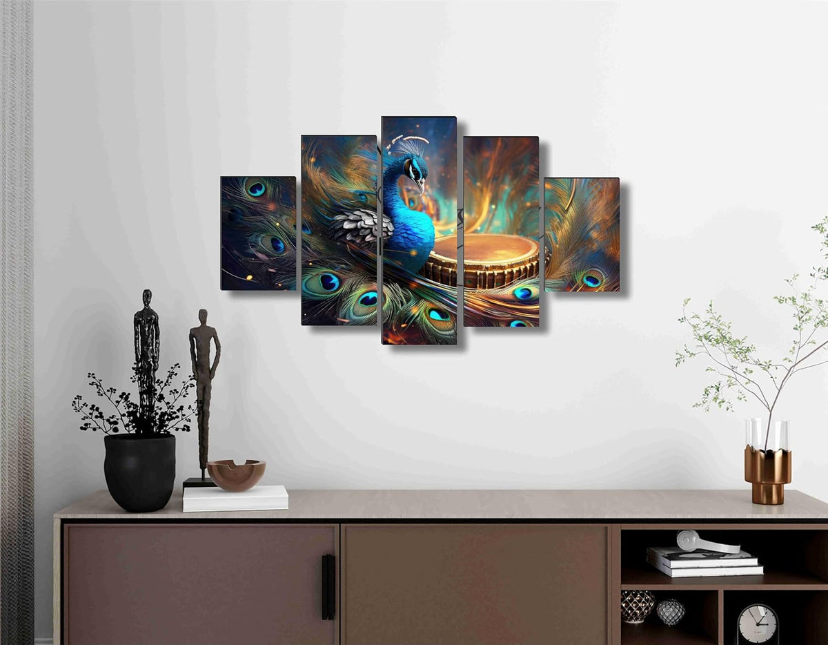 Peacock Paintings for Living Room | Painting for Wall Decoration | 3D Wall Art for Bedroom | modern art Wall Painting Set of 5 (75 x 45 cms) SANFPNLS35514